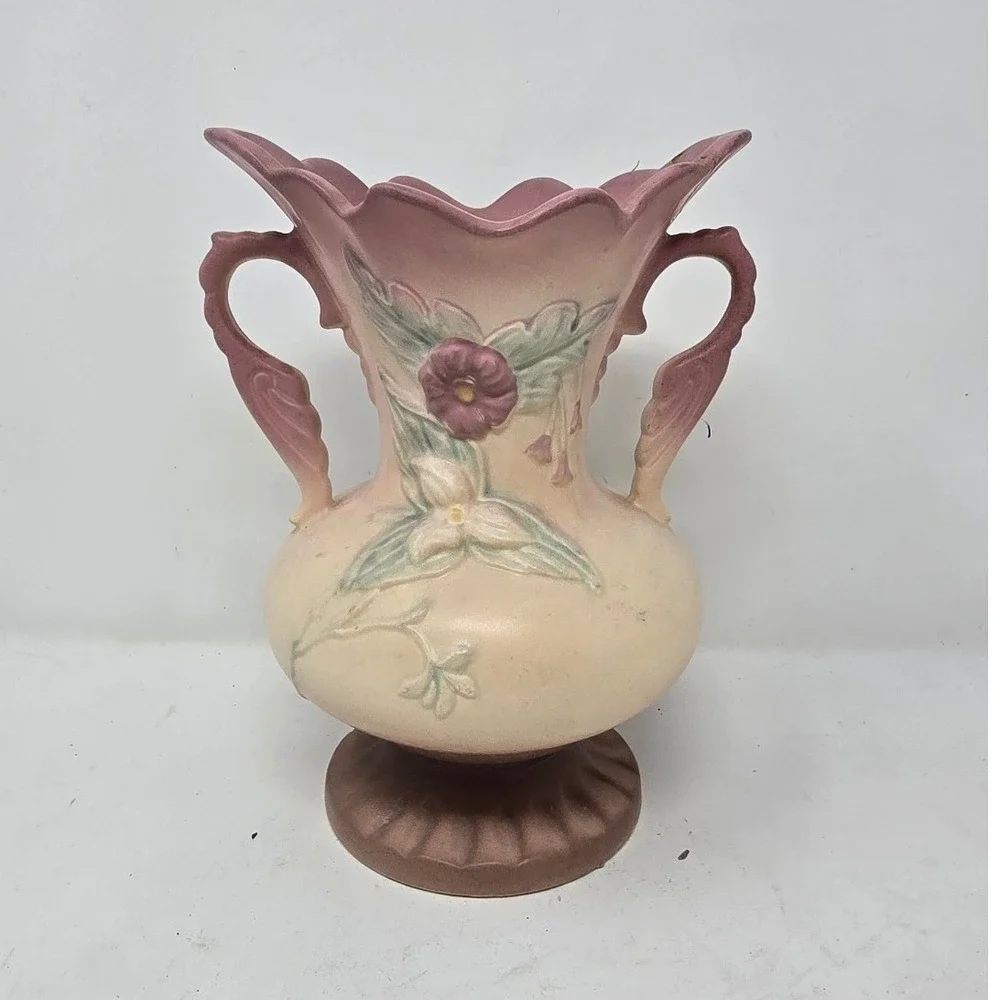 Vtg 1940s Hull Pottery Magnolia pattern‎ double handle vase USA cottagecore MCM